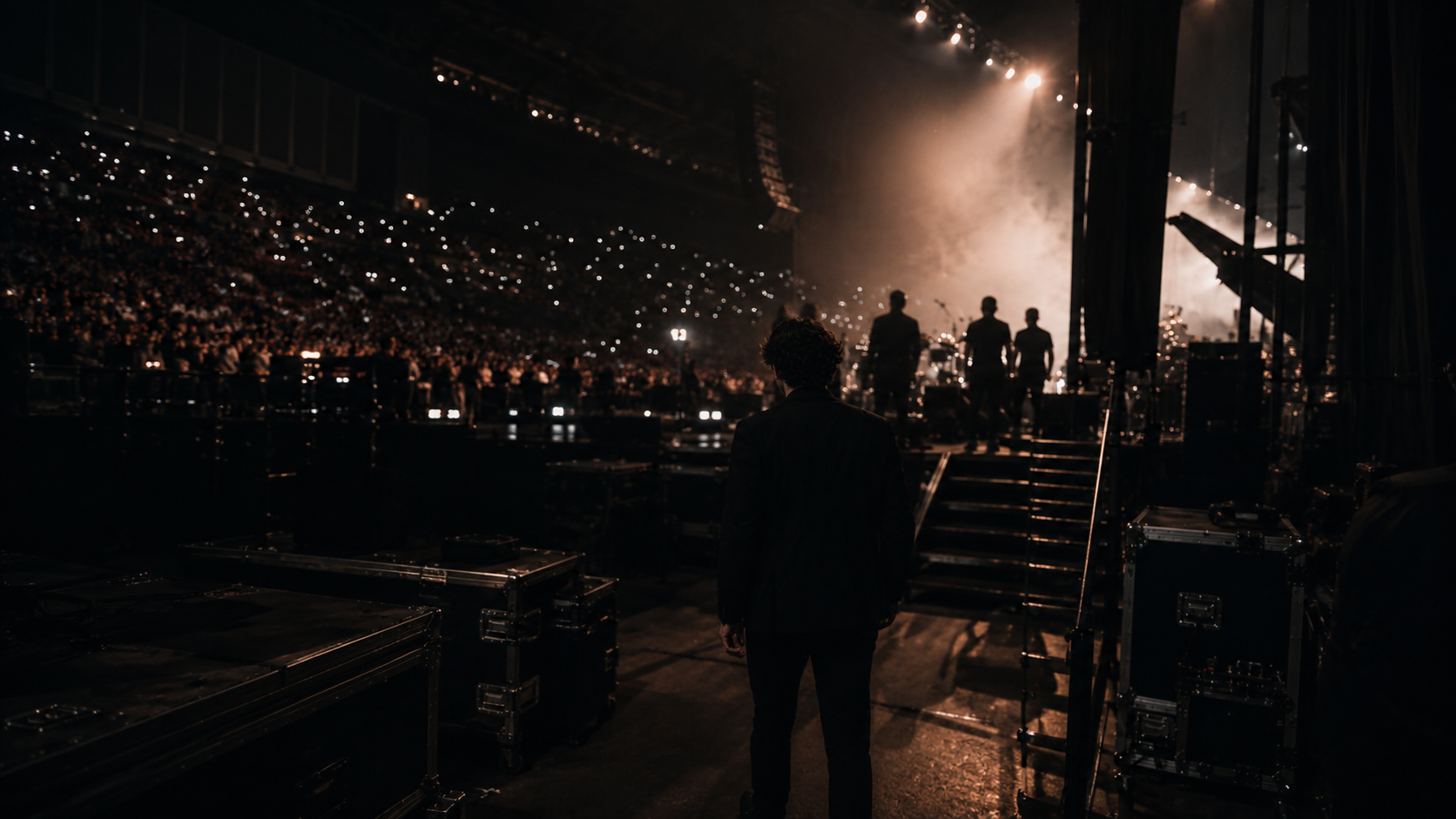 Backstage view toward a lit arena stage