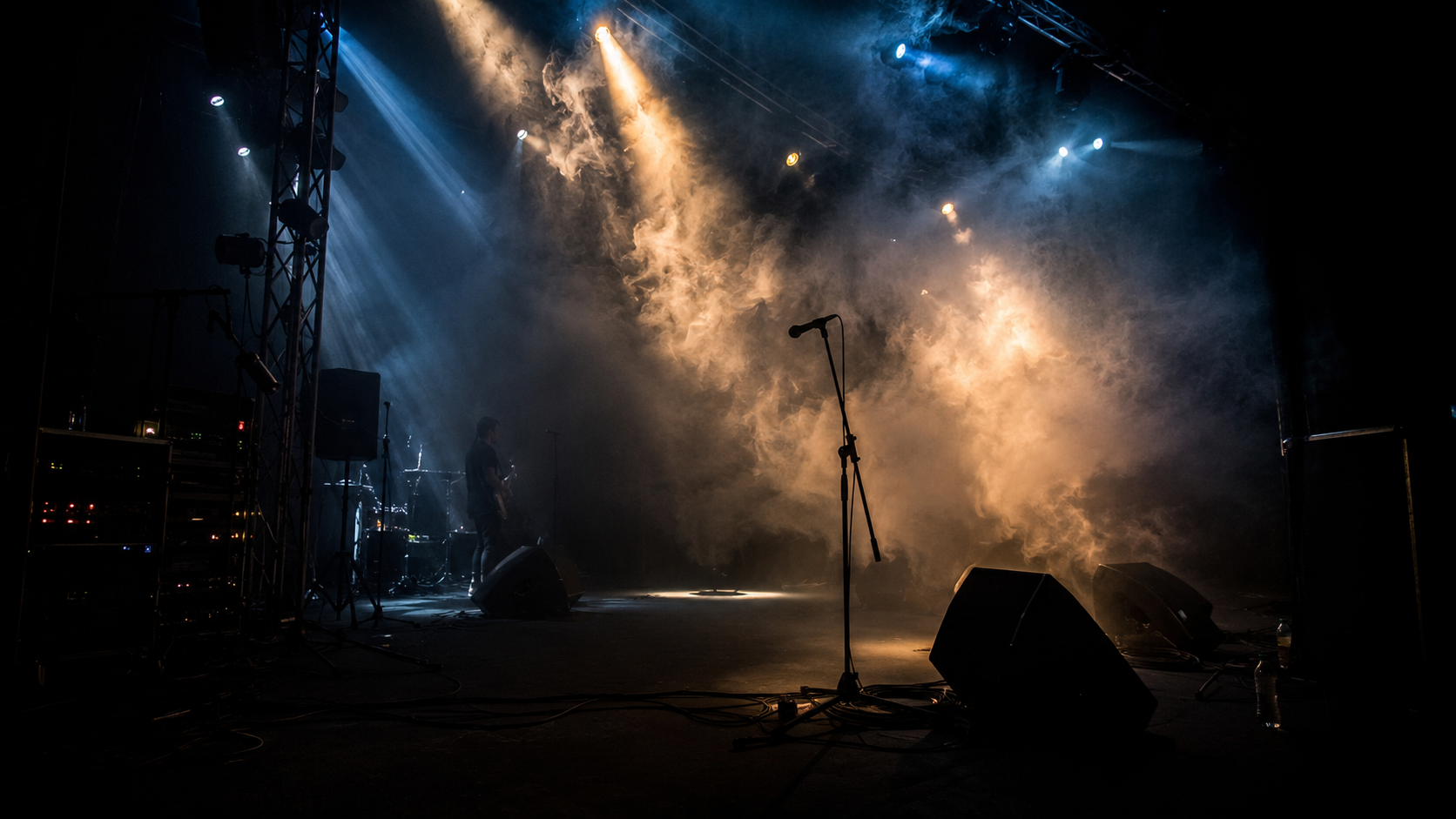 Empty stage filled with smoke and blue-white spotlights